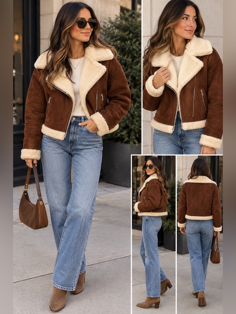 Woman’s Brown Faux Shearling Jacket with Cream Trim
